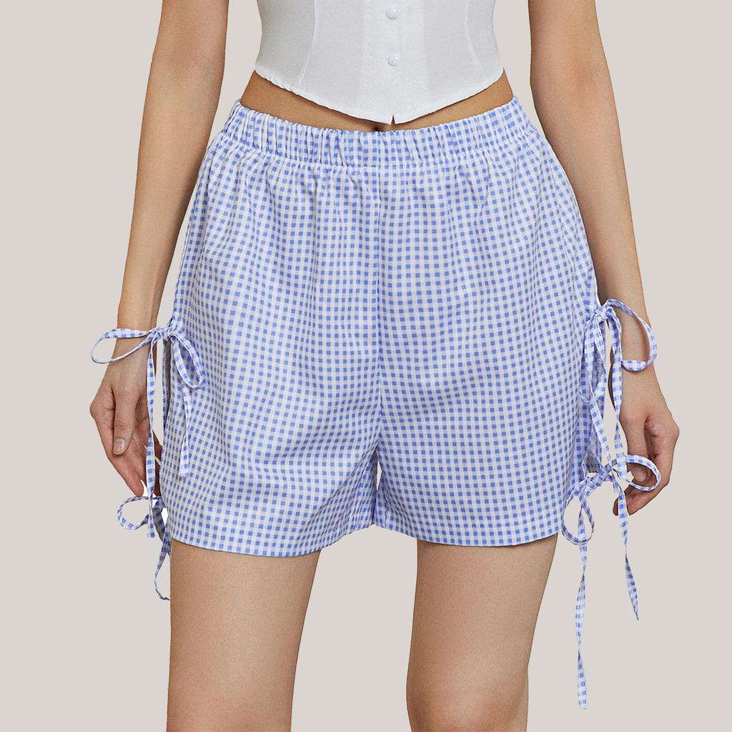 Women's Loose Casual High Waisted Bow Elastic Waisted Checkered Shorts Casual Shortss