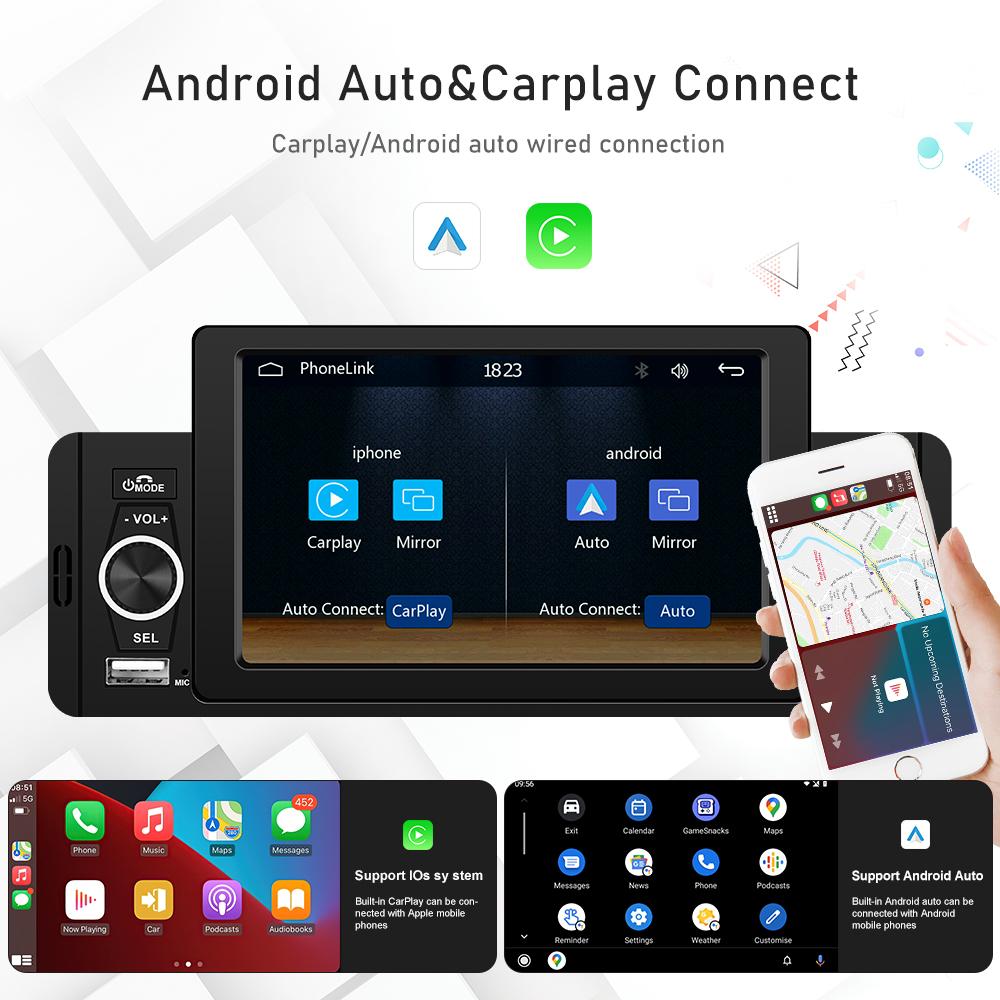 Автомобильный радиоприемник 1 Din Универсальный CarPlay Android Авто Мультимедийный плеер Bluetooth MirrorLink FM-приемник