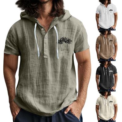Мужская повседневная футболка с короткими рукавами, капюшоном и открытым воротом на пуговицах