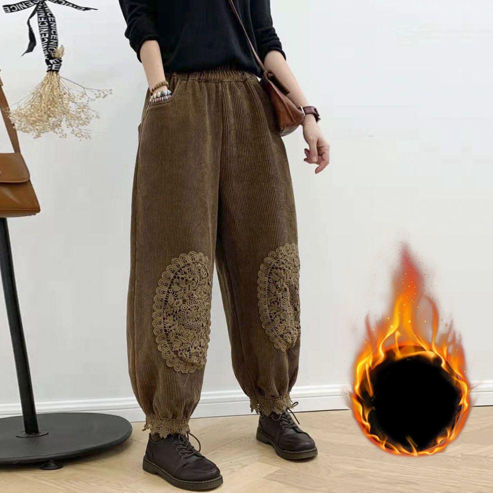 Women Corduroy Plus Plush Harem Pants Autumn Winter High Waist Baggy Trousers Warm Lined Vintage Trousers