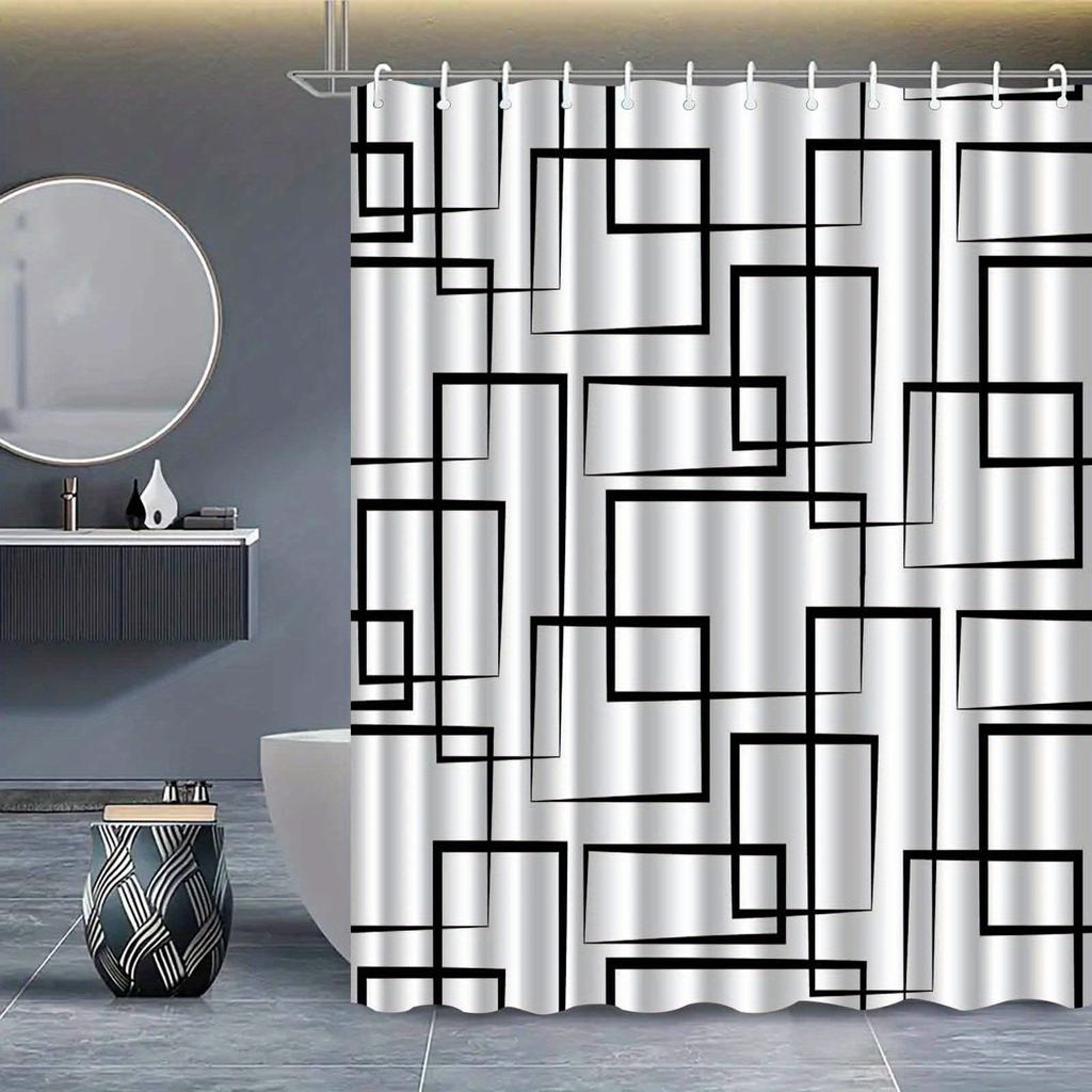 Minimalist Modern Black & White Geometric Shower Curtain, Elegant Bathroom Decor, Box Line Design, High-End Polyester Fabric