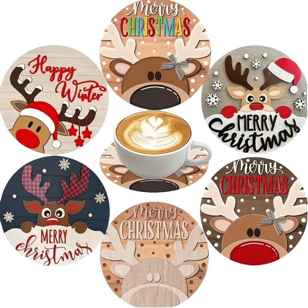 6pcs Snowman Santa Claus Coaster Wooden Coffee Cup Mat Christmas Drink Coaster Christmas Party
