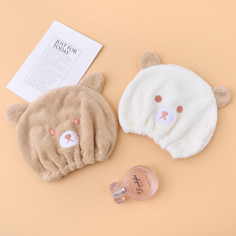 Cute Cartoon Bear Hair Drying Cap - Soft Absorbent Coral Fleece for Kids