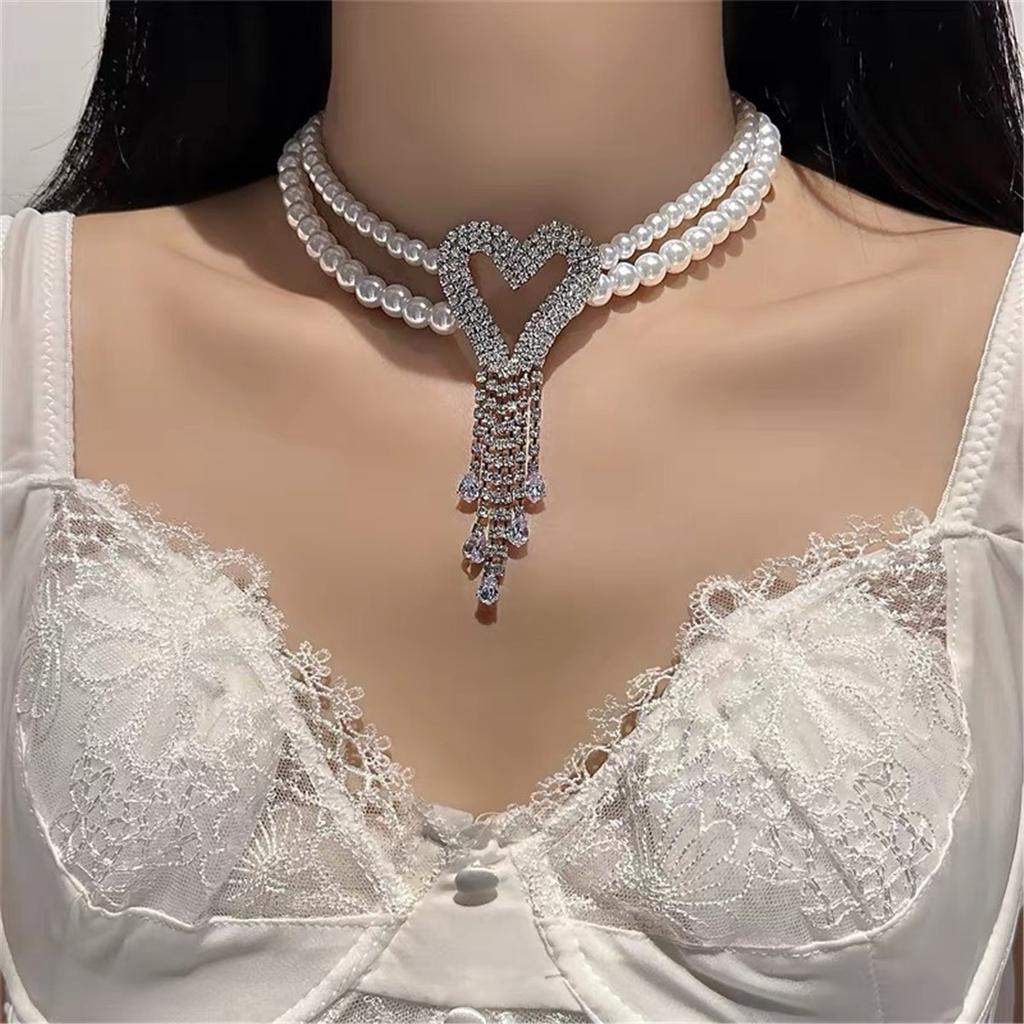 Мода Легкая Роскошь Высокий Туксика Чувство Двойной Жемчуг Вспышка Бриллиант Любовь Кисточка Ожерелье Ожерелье Цепочка на Шею Цепочка на Ключицу