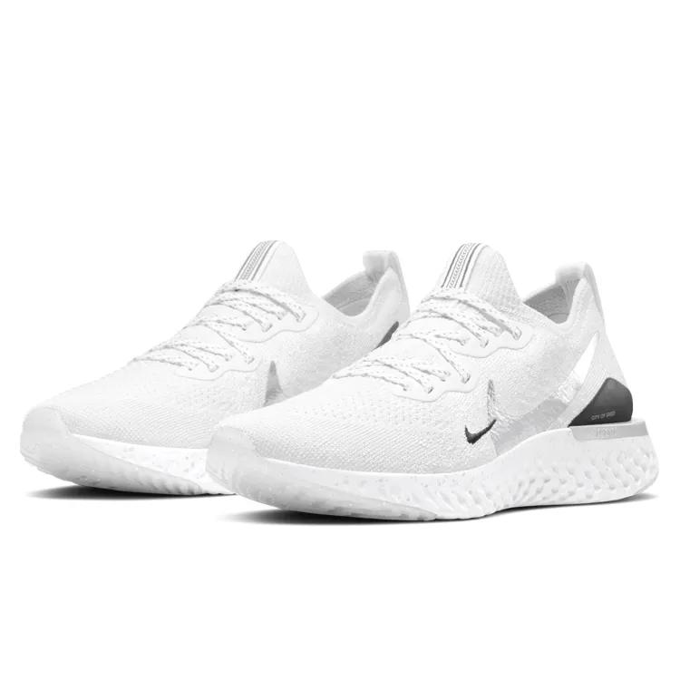 Nike Womens Epic React Flyknit 2 'White Metallic Silver' (women's sizes) White / Black / Metallic Silver / White / Platinum Tint Running Shoes