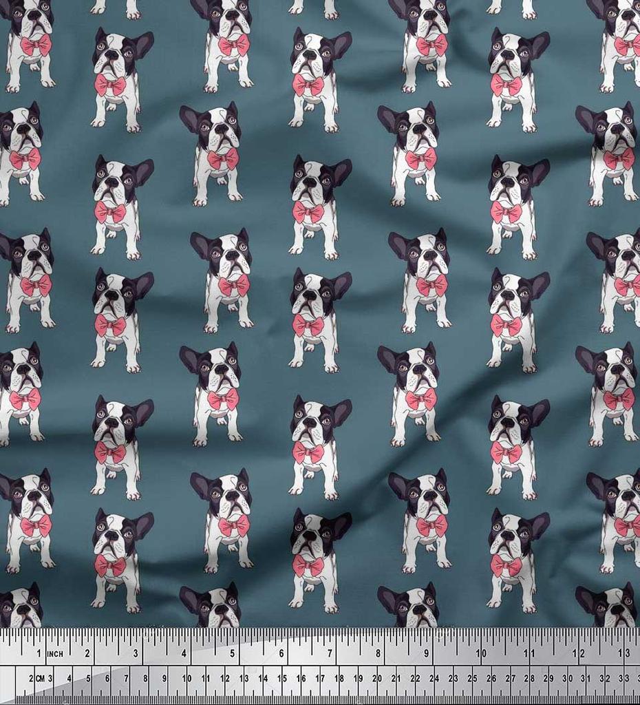 Soimoi Japan Crepe Satin Fabric Bow & Boston Terrier Dog Print Fabric by the Metre 42 Inch