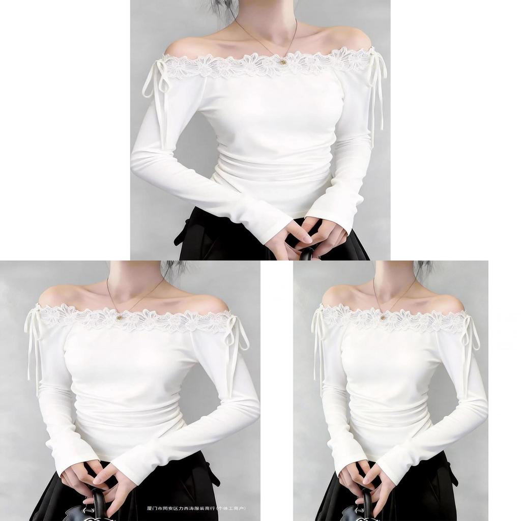 French Style Off Shoulder Top With Lace Patches And Embroidery For Women Spring