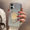 iPhone 16 Case with Makeup Mirror Kickstand, Strap Glitter Epoxy Electroplated Phone Cover