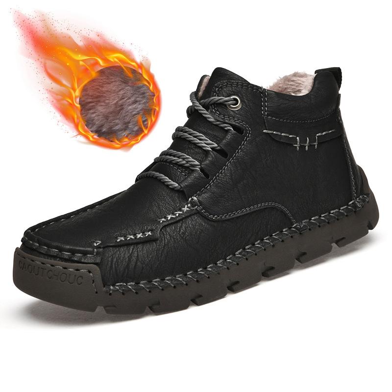 Осенне-зимние мужские туфли больших размеров с высоким берцем на хлопковой подкладке и бархатными нескользящими рабочими ботинками, повседневные кожаные туфли среднего размера с мягкой подошвой