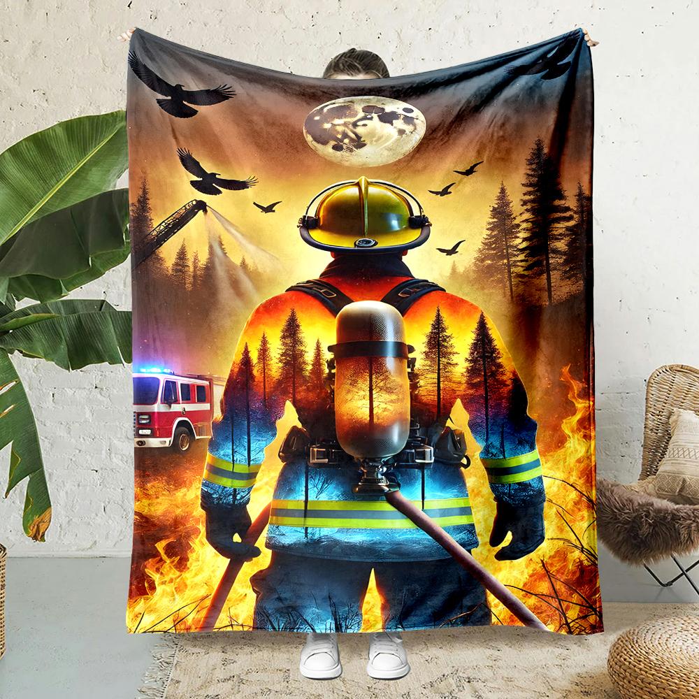 Firefighter forest wildfire flames night moon Print Blanket Warm Soft Fluffy Kids Adult Sofa Bed Throw Outdoor Travel Camping