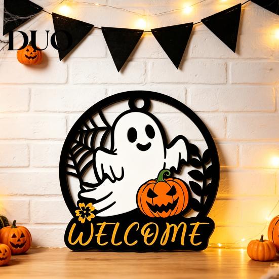 Hollow Wooden Hanging Signs Halloween Ghost Pumpkin Round Welcome Door Hanger, Wall Plaque Decorative Props for with Rope, Decor Front Living