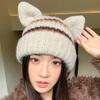 American sweet and cool thickened striped knitted hat autumn and winter warm pig ear wool hat casual versatile windproof pullover hat
