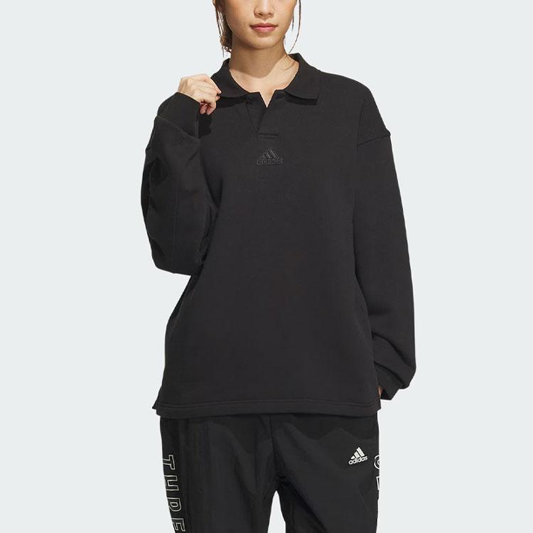 Adidas Рубашка поло из плотного французского терри с сплошным логотипом, свободная, с длинным рукавом, унисекс, черная IT3972