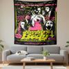 Vivid Collage of Characters with Neon Accents and Horror-themed Text. Patterned Tapestry for Bedroom and Living Room Home Decor