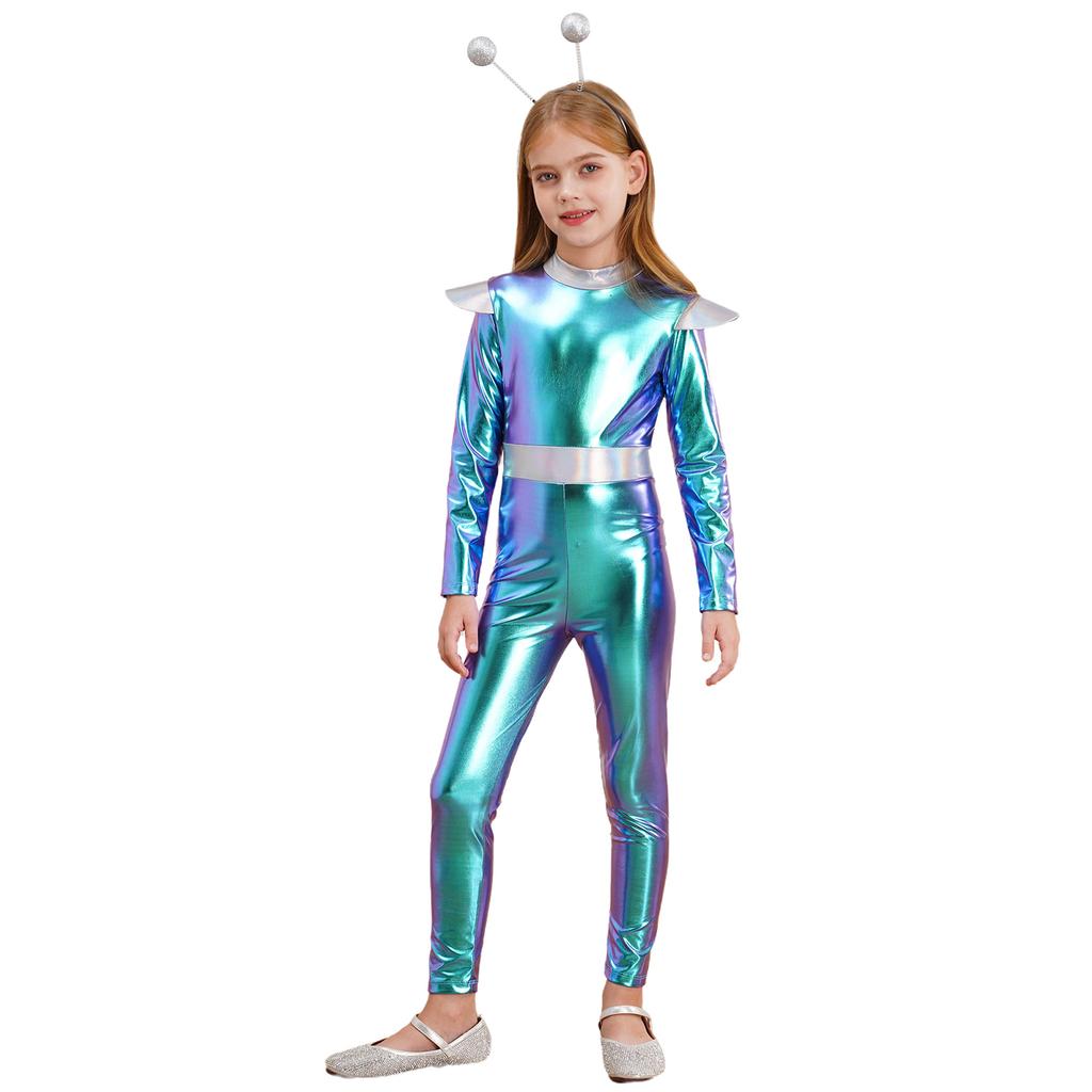 Kids Alien Cosplay Costume Long Sleeve Full Length Bodysuit Alien Hair Hoop Halloween Dress Up Party Costume Set