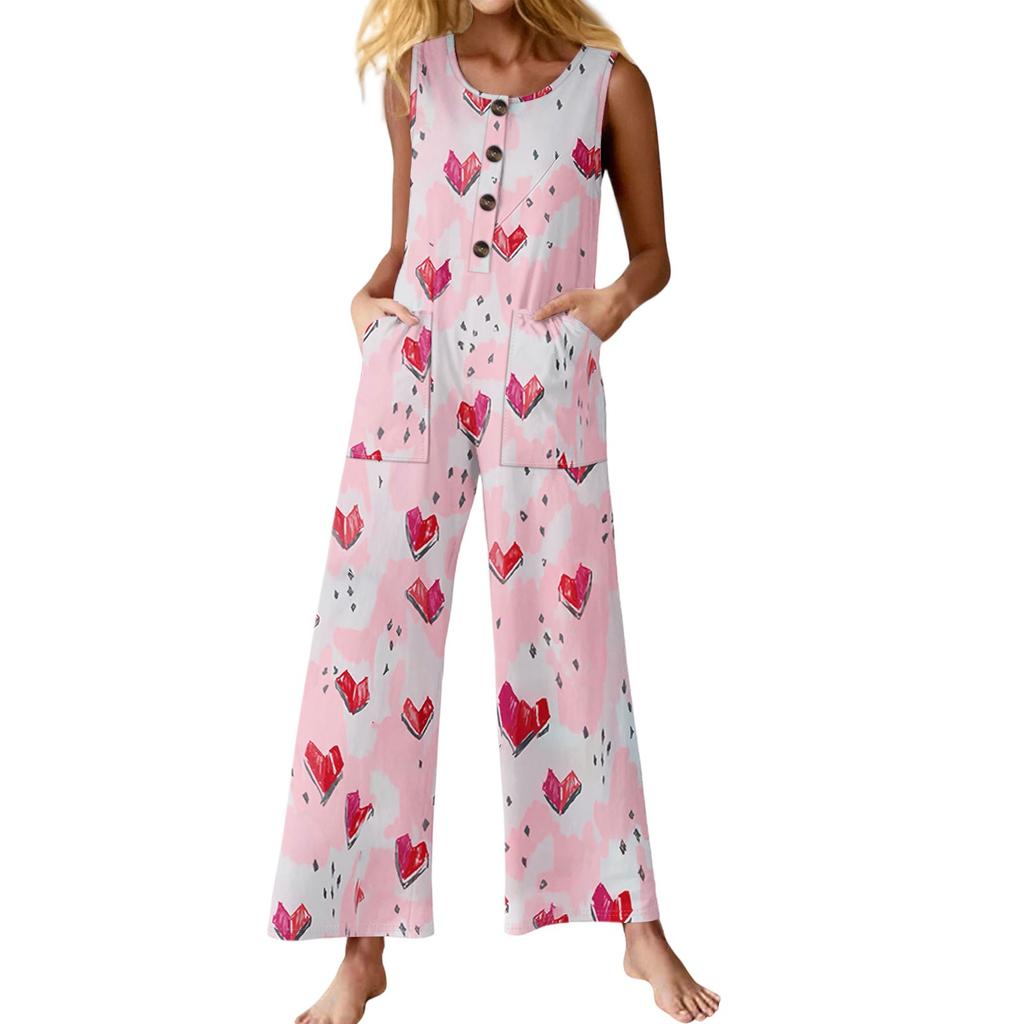 Women's Fashion Casual Button Sleeveless Jumpsuit Floral Flower Print Cotton Pocket Jumpsuit