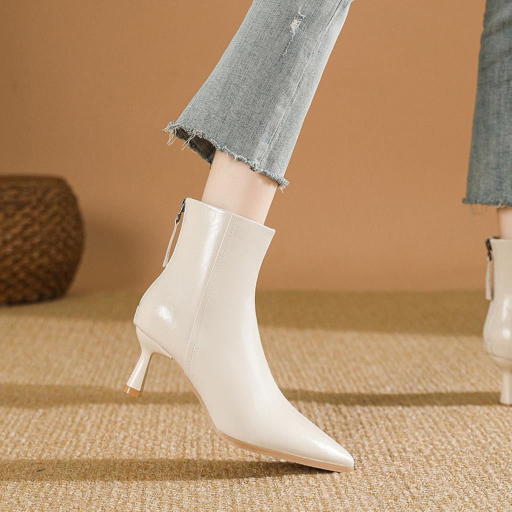 Женские осенне-зимние туфли на высоком каблуке из мягкой кожи, остроносые тонкие ботильоны 2024, новые женские ботильоны на тонком каблуке, белые ботильоны на высоком каблуке для женщин