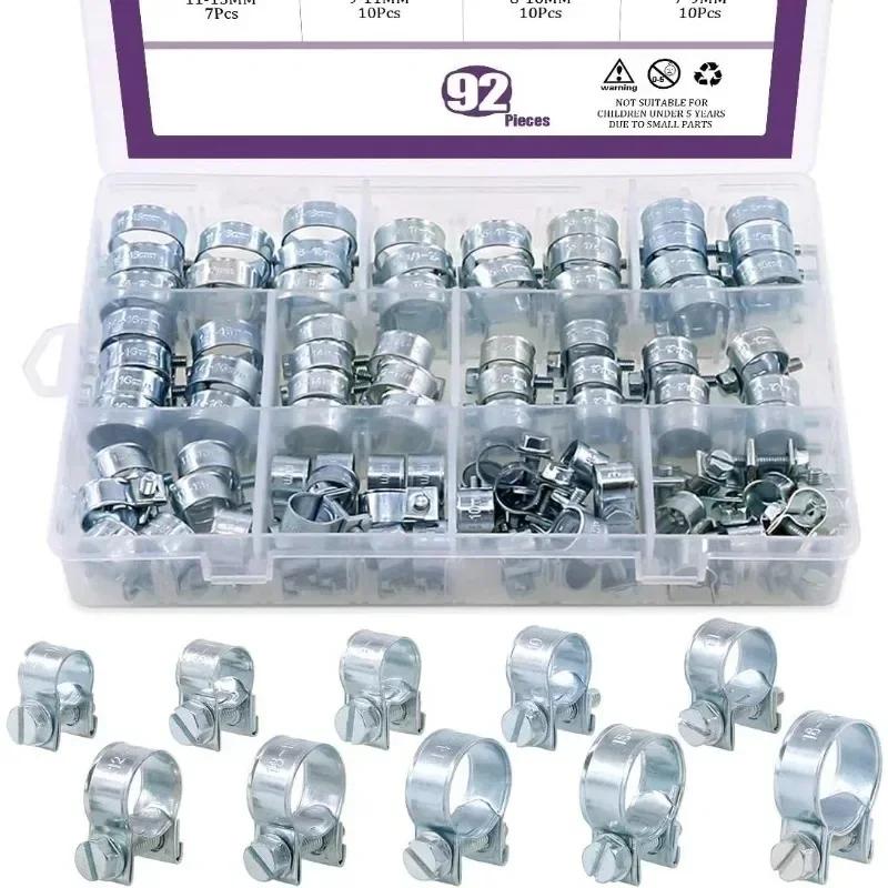 92pcs Hose Clamps Zinc Plated Fuel Injection Line Adjustable Metal Pipe Clamp Kit for Automotive Agriculture Construction
