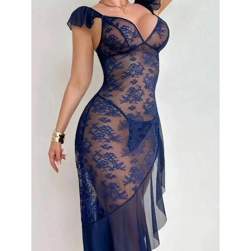 Sheer Sexy Pure Desire Strap Long Dress Nightgown Ruched Mesh Bowknot Slit Nightdress Transparent Flower Print Dress Charm RSOA