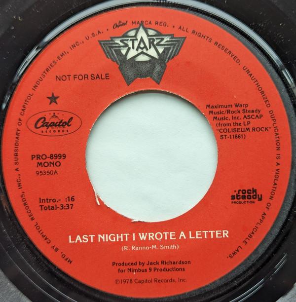 7inch Record STARZ - Last Night I Wrote A Letter PRO8999PROMO Capitol Records 1978 US Rock Used