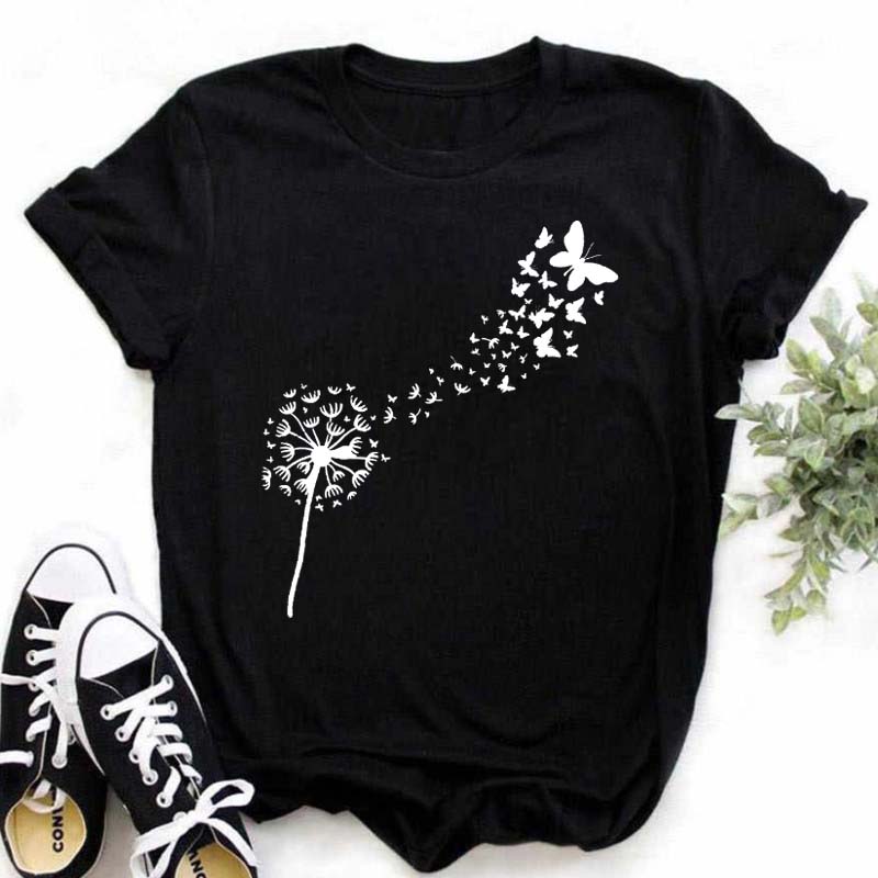 Летняя женская футболка с принтом одуванчика, свободные женские рубашки больших размеров, повседневная футболка с коротким рукавом, топ, черные модные футболки с круглым вырезом