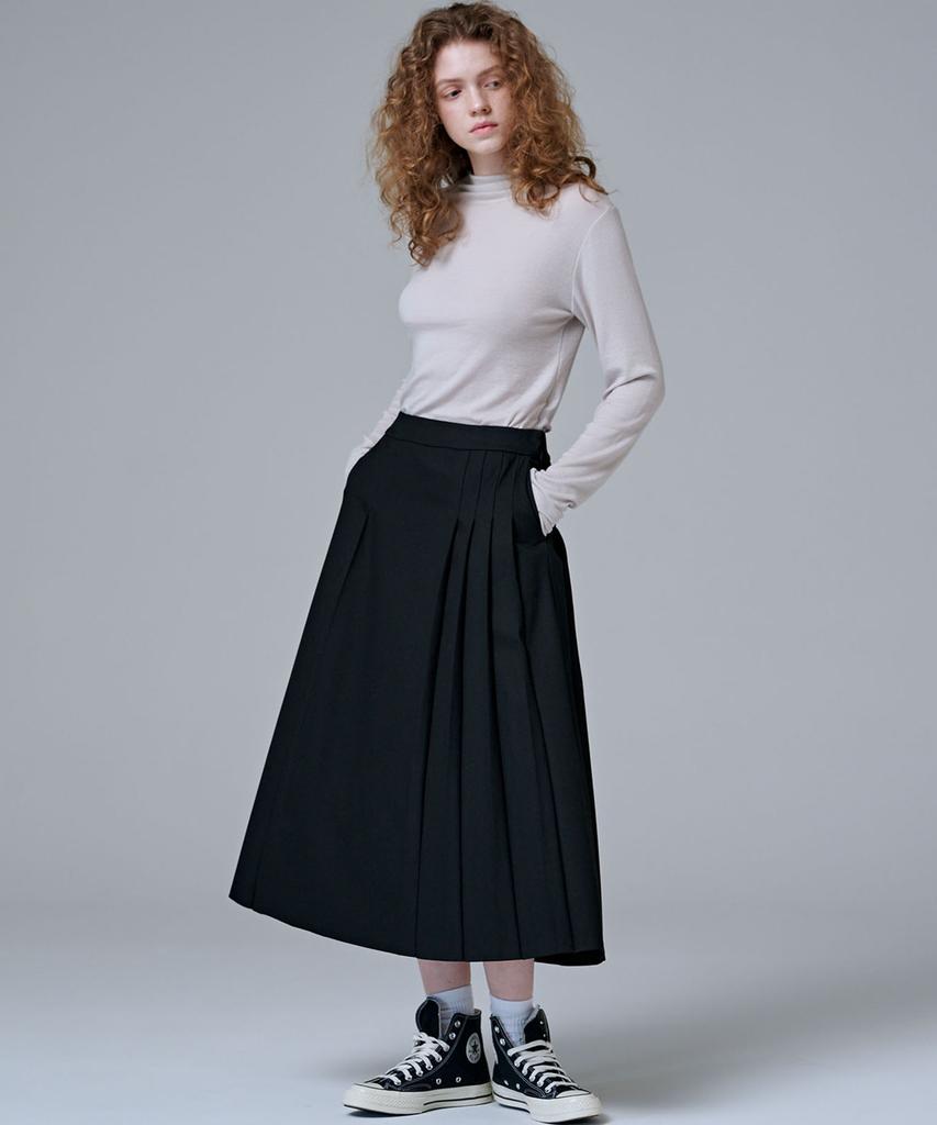Marop 3108 Wool Pleated Long Skirt (Black)