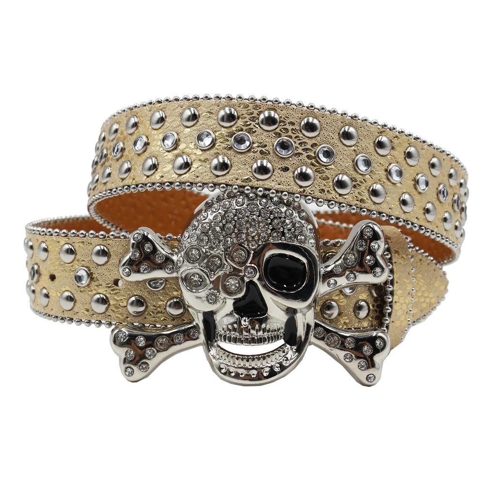 Snake Pattern Diamond Skull Belt Pin Buckle Retro Rhinestone Men and Women Denim Belt Fashion Hip-hop Punk Outfit