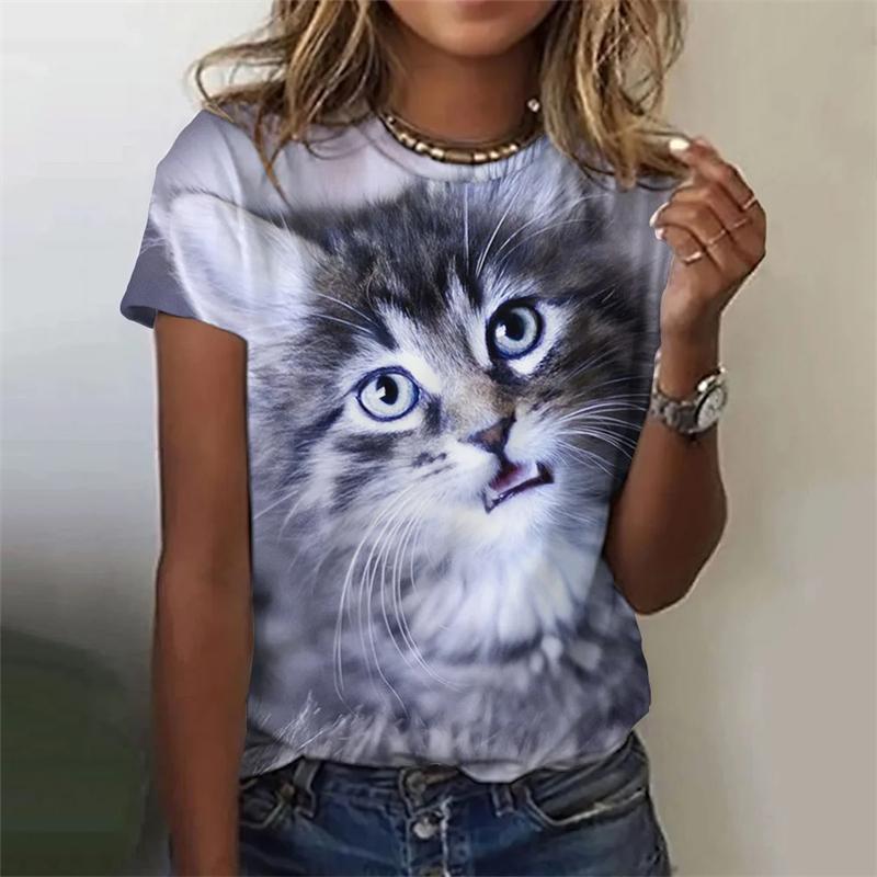 Женские футболки с забавным принтом 3D Kawaii Cat Футболки с модным круглым вырезом и коротким рукавом Топы свободного покроя Женская одежда Y2k Милая одежда