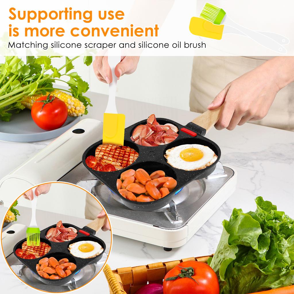 Non Stick 4-Cup Egg Frying Pan with flipping Lid Aluminum Pancake Egg Cooker with Spatula and Brush Burgers Omelet Cooking Pan
