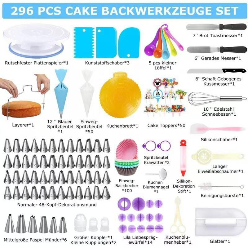 296-Piece Cake Decorating Kit With Rotating Turntable Piping Tips TPU Bags Stainless Steel Tools Home Bakery