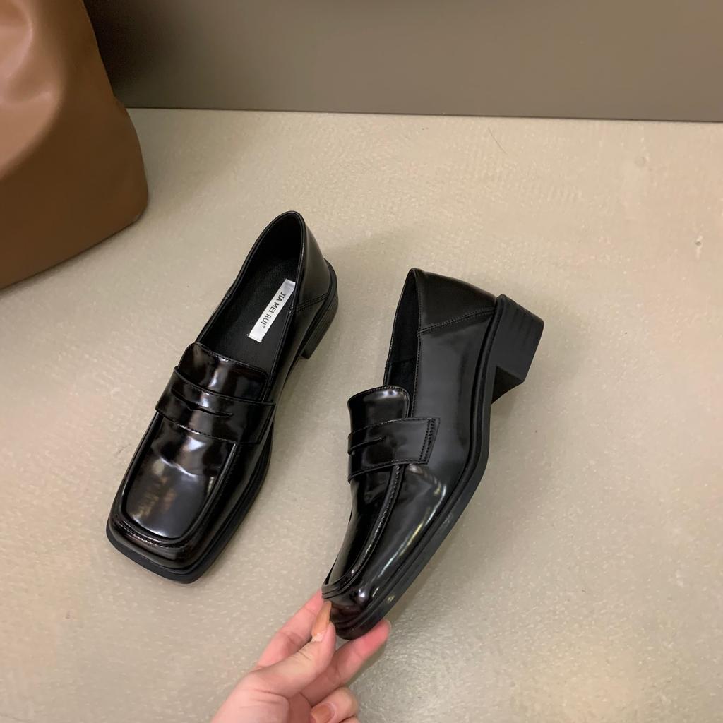 Лоферы на толстом каблуке с квадратным носком, весенне-осенние туфли-одиночки, женская обувь 2025, новая весна, черные, в стиле ретро, в британском стиле, маленькие кожаные туфли