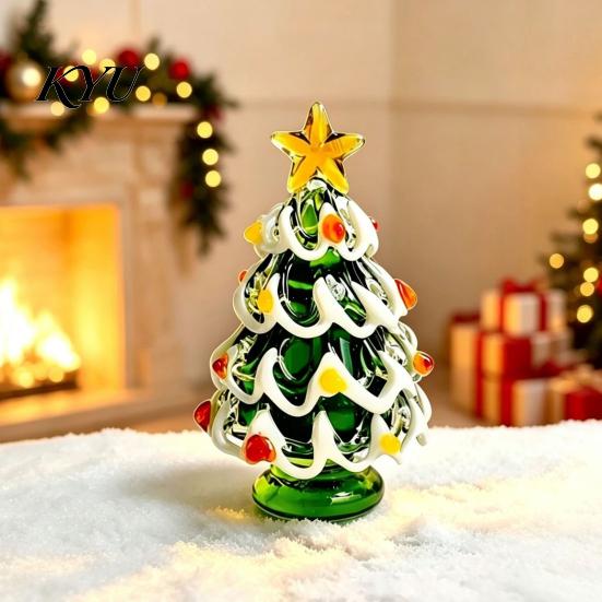 Christmas Gift for Friends Glazed Glass Tree Figurine, Handcrafted Ornament Small Seasonal Home Accents Holiday Display, Colorful Modern Table