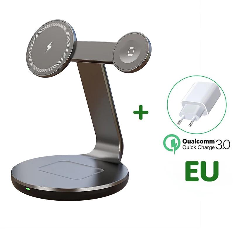 Металлическое 3 в 1 беспроводное зарядное устройство магнитная подставка держатель телефона быстрая зарядка для iPhone 16 15 14 13 Pro Max iWatch 9 8 7 Airpods 3 2