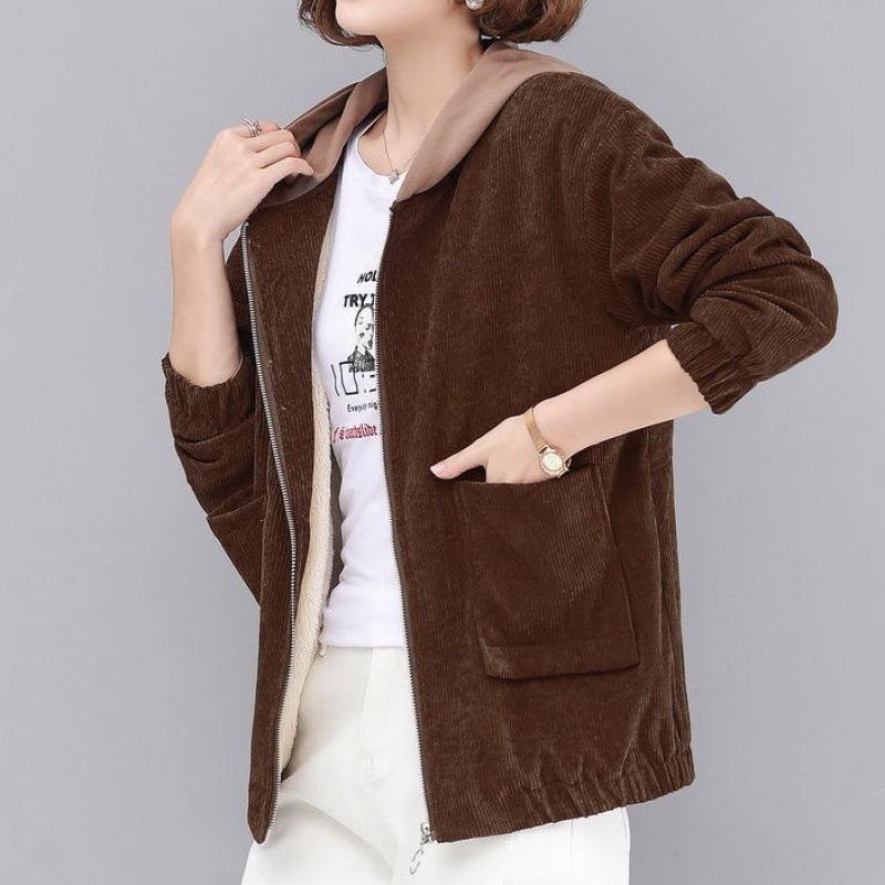 Women's Large Hooded Corduroy Jacket - Arctic Velvet, Autumn/Winter, Loose Fit, Korean Style, Perfect for Middle-aged Moms