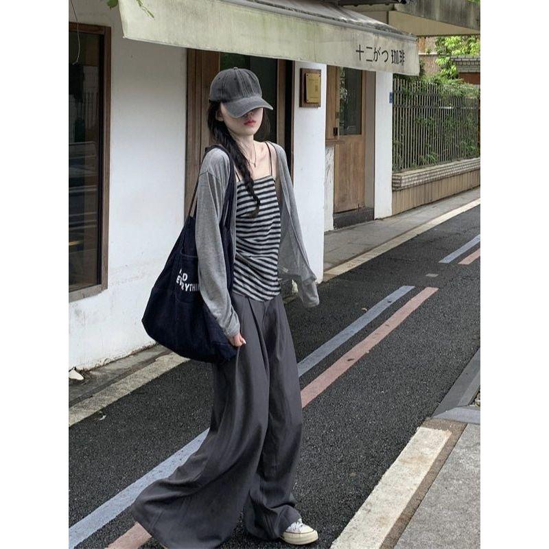 Plus-Size Lazy Style Outfit for Summer: New Gray Striped Tank Top, Cardigan, and Casual Wide-Leg Pants