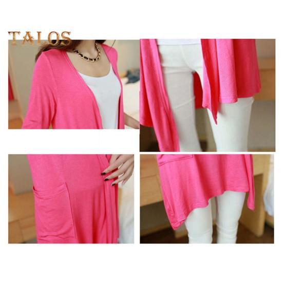 Весенне-осеннее женское пальто свободного кроя средней длины однотонного цвета с длинными рукавами, тонкое с карманами и открытой строчкой, повседневная одежда, кардиган для поездок на работу