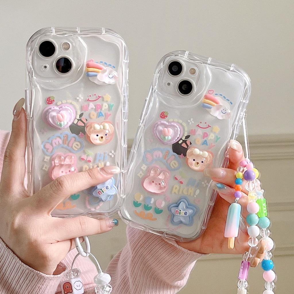 Cute Three-dimensional Bear and Rabbit Suitable for Apple 16 Transparent Mobile Phone Case IP14PRO Soft Shell Bell Pendant Bracelet