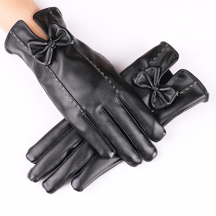 New Autumn and Winter Women's Touch Screen Leather Gloves with Bow Color Warm Plus Velvet Riding Touch Screen Gloves for Winter