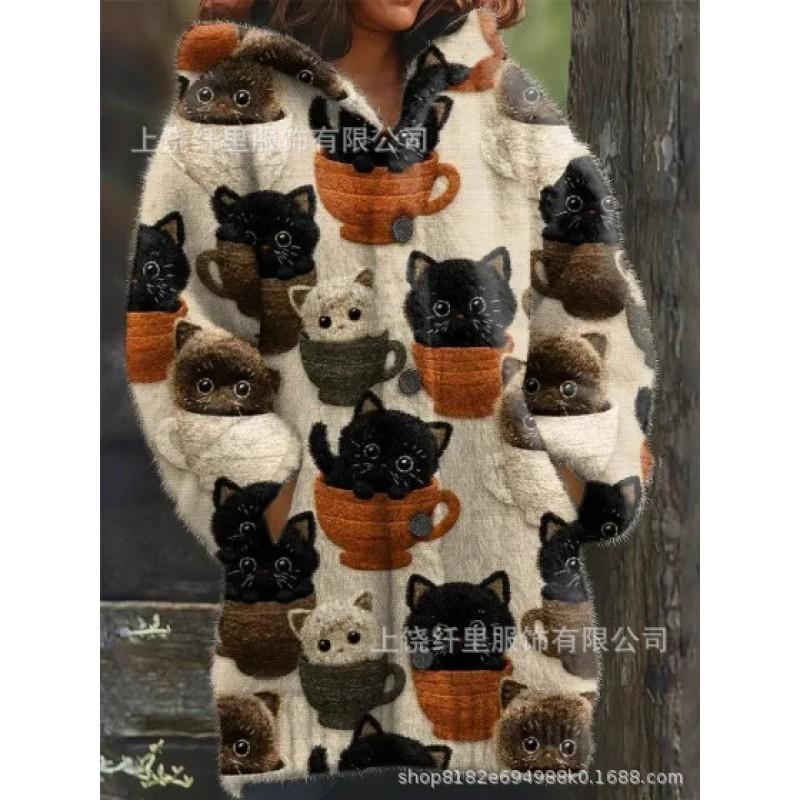 3D Cat Print Hooded Sweatshirt Cardigan Casual Jacket Women