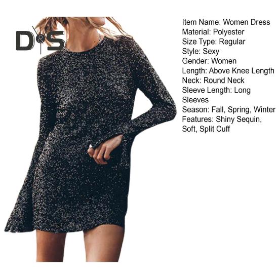 Women Dress Shiny Sequin Hollow Out Back Long Sleeve Loose Round Neck Split Cuff Sheath Individual Streetwear Club Party Dance Mini Dress