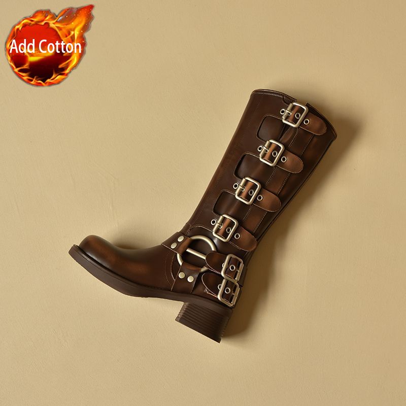 Женские кожаные сапоги до колена с квадратным носком и средним каблуком, на флисовой подкладке, осенне-зимние, Y2K готика, распродажа обуви