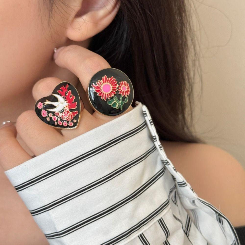 Luxury Enamel Ring Vintage Chunky Ring Personality Retro Drip Oil Ring Jewelry Gift