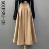 HI-FASHION Woolen Long Skirt For Women Female Elegant A-Line Midi Skirt Autumn Winter High Wiast Pleated Skirts