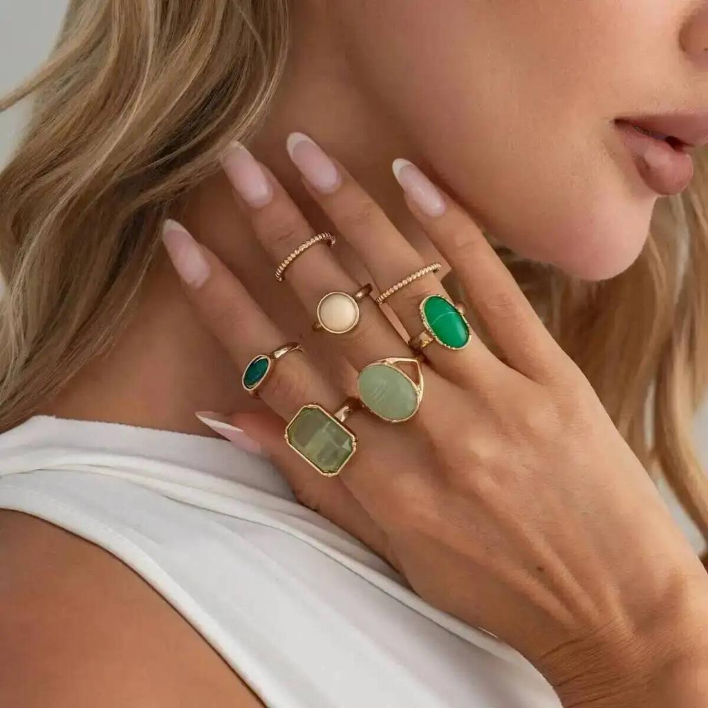 SHIXIN 7Pcs/Set Luxury Retro Green Acrylic Resin Finger Ring for Women Fashion Geometric Gold Color Stackable Ring Charm Jewelry