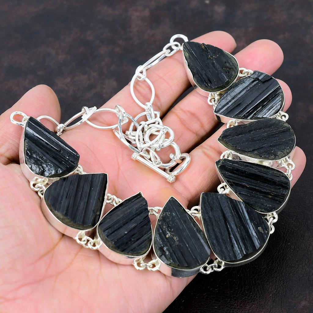 Black Tourmaline Rough Necklace Original Gemstone Necklace 925 Sterling Silver Necklace Adjustable Chain Necklace Handmade Jewelry For Gift