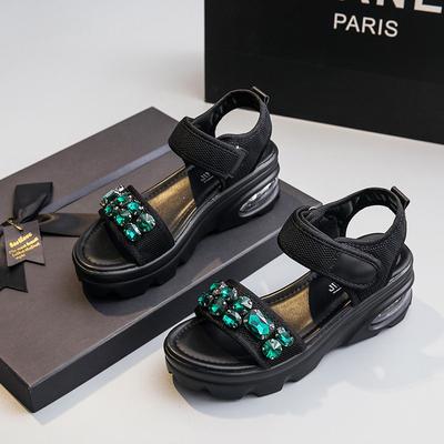 Сандалии Muffin Thick Bottom на липучках, модная верхняя одежда, повседневная обувь на покатом каблуке со стразами для женщин