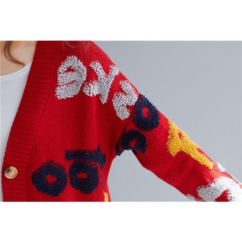 Autumn and Winter Women's Sweater Jacket Plus Size Lazy Wind Letters V-neck Medium-length Jacquard Knitted Cardigan