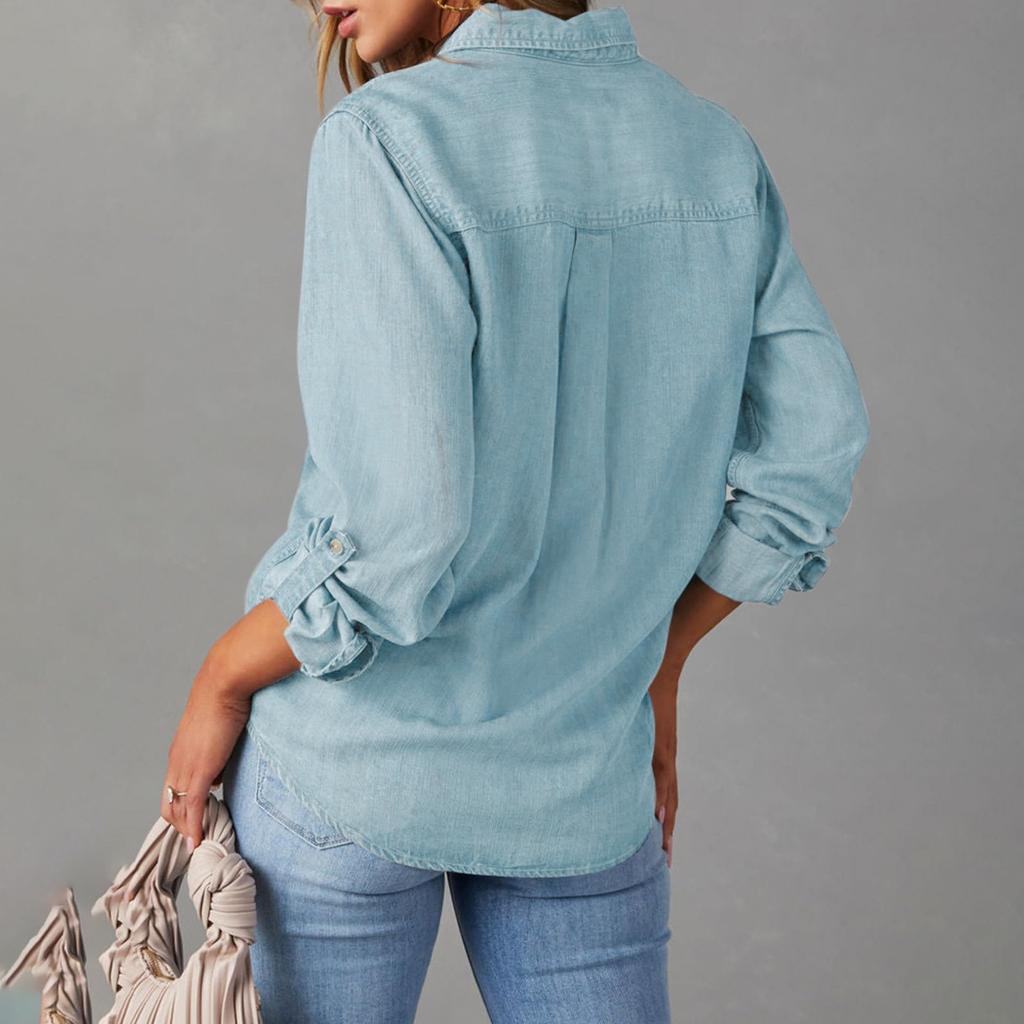 Women Button Down Denim Shirts Casual Long Sleeve V Neck Chambray Blouse Top