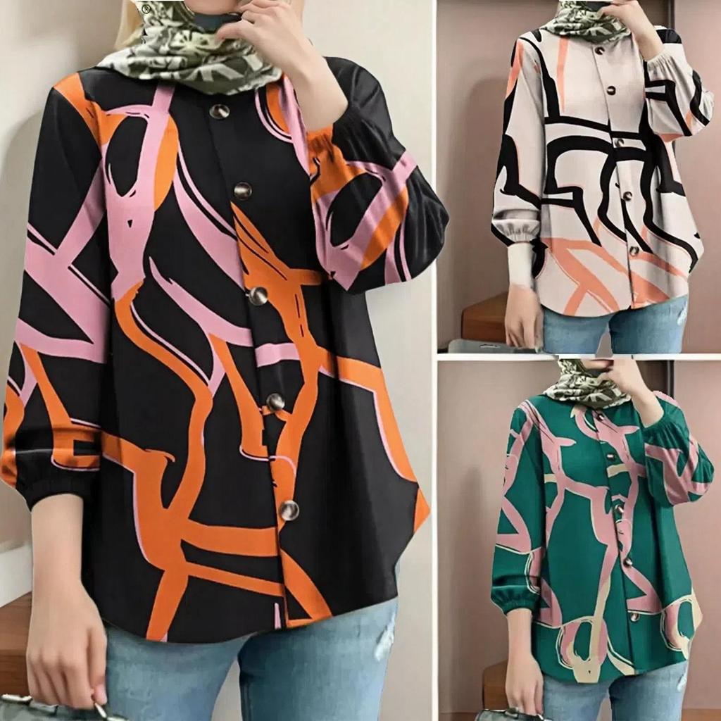 Новая свободная рубашка с принтом, рукавами-фонариками и пуговицами для женщин большого размера