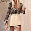 Women's Fashion Casual Houndstooth Print Autumn Winter Long Sleeve V-Neck Skirt Suits